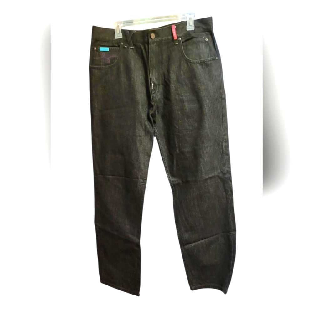 LRG Men's Black Straight Jeans Size 47x31 Embroided Pockets. NWOT